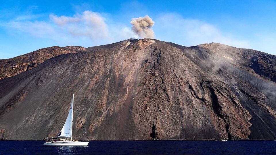 The Stream of Fire (Sciara del Fuoco in Italian) marks the path of the lava flows that occur during Stromboli's eruptions, Aeolian Islands, Sicily, Italy.