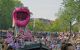 Parade float with people around