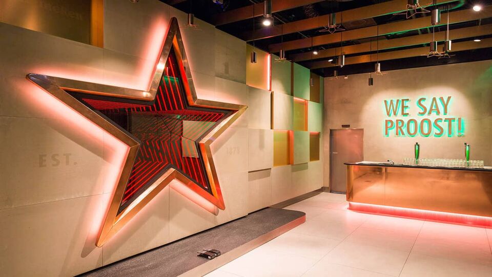 Large red star decoration on the wall of the entrance lobby