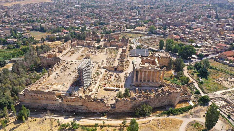 Aerial view down onto the site of Baalbek