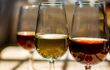 Sherry wine tasting, three wine glasses with sherry of different colours