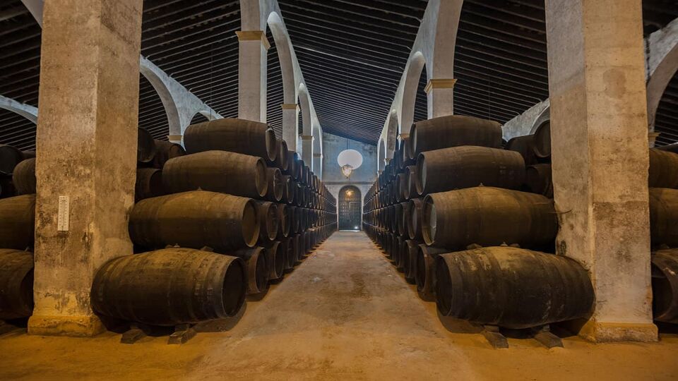 Sherry barrels stacked up in rows
