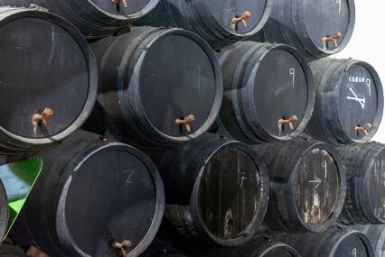 Close up of oak barrels containing sherry
