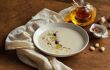 ajo blanco, spanish typical cold soup, made of almonds and garlic with olive oil and bread. white garlic soup