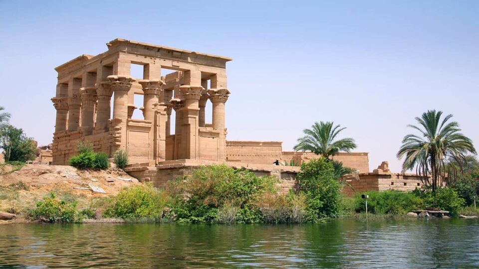 Ruins of a temple building, seen from the river