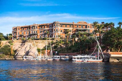 Exterior of the Hotel Old Cataract where Agatha Christie wrote her novel "Death on the Nile" in Aswan, Egypt