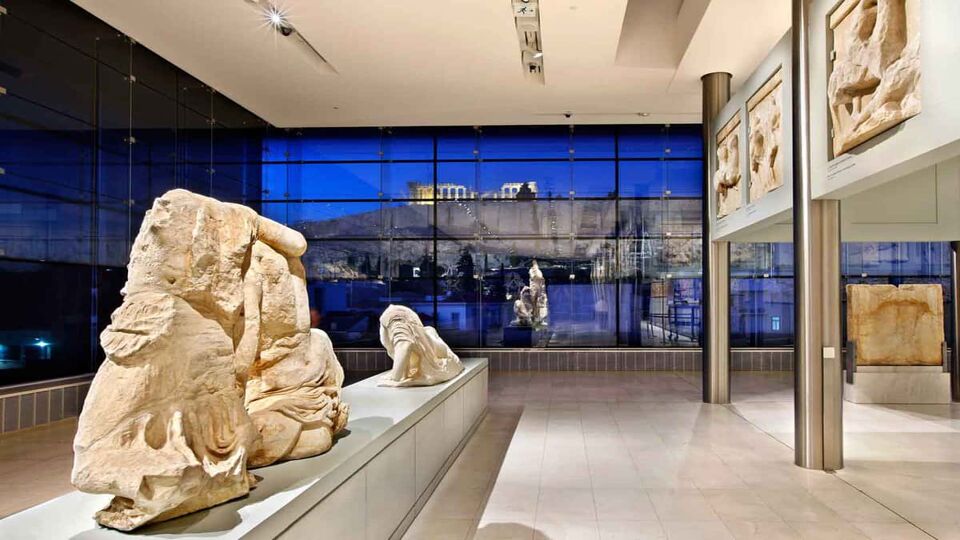 Fragments of white marble sculpture on display