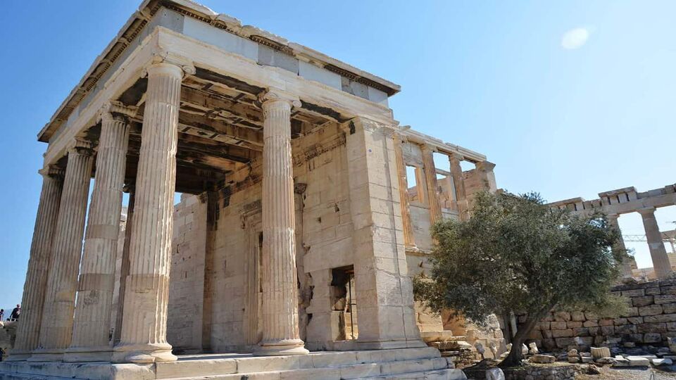 Ruins of Erechtheion (or Erechtheum) temple on a bright day