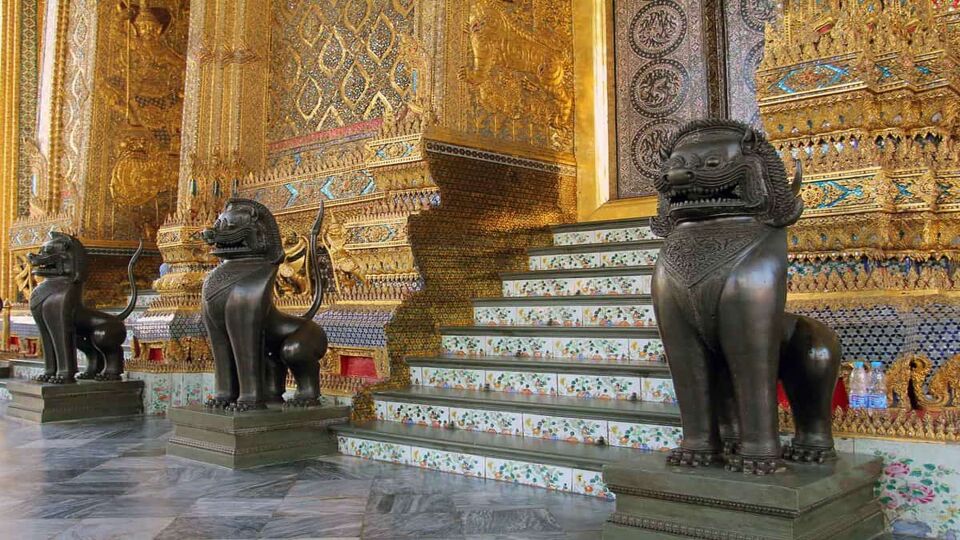 Ornate steps to the palace footed by two lions