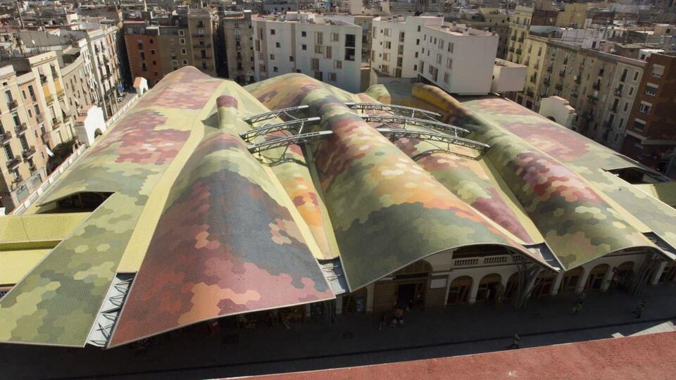 aerial view of the colourful and undulating roof