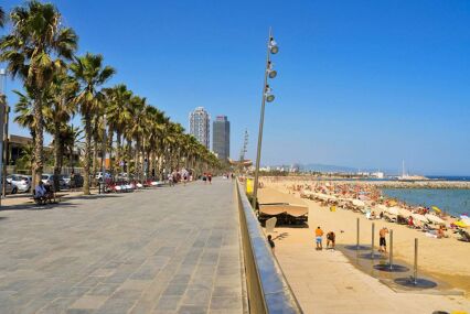 Promenade stretching away to Hotel Arts, busy beach on the right, line of palm trees on the left