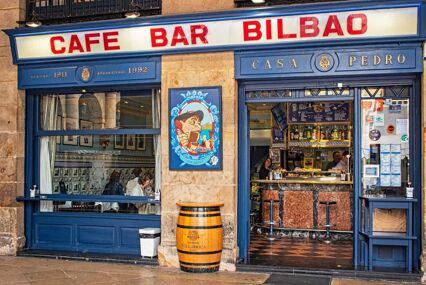 external view of Cafe Bar Bilbao, a tiny cafe with blue frontage