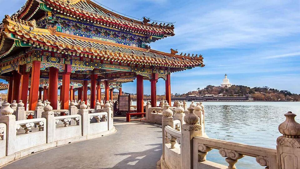 Waterfront temples in Beihai Park overlooking the lake