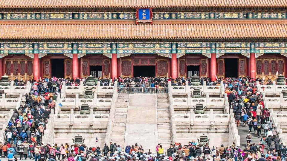 lots of tourists crammed onto the steps of The Hall of Supreme Harmony