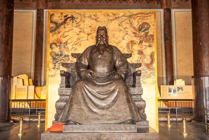 Detail of Historic Architecture and statue of the Hall of Central Harmony at Changling Tomb of Ming Dynasty Tombs in Beijing, China - A UNESCO World Heritage Site.