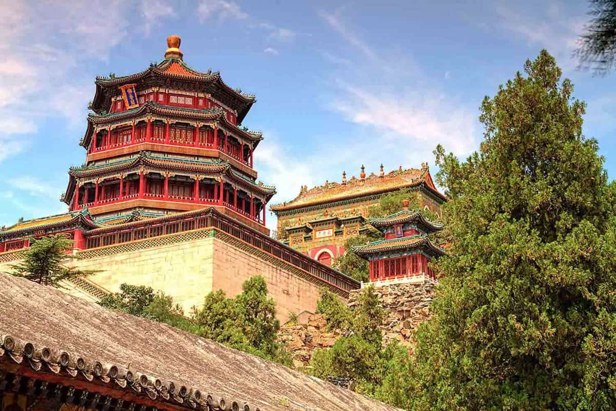 The Imperial Summer palace in Beijing exterior. showing a rising tower