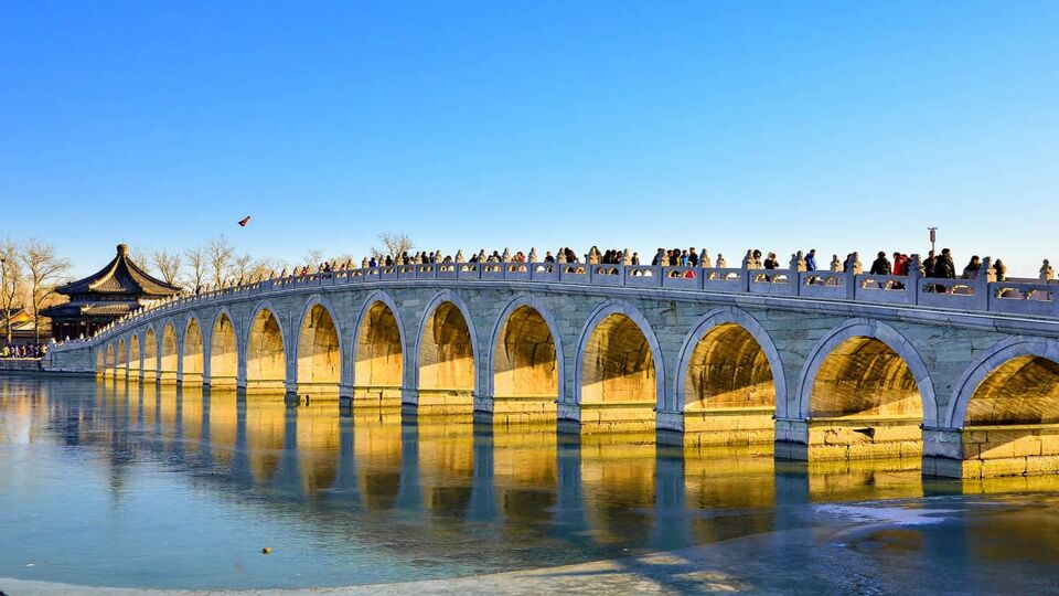 Bridge across to the summer palace, with tourists on