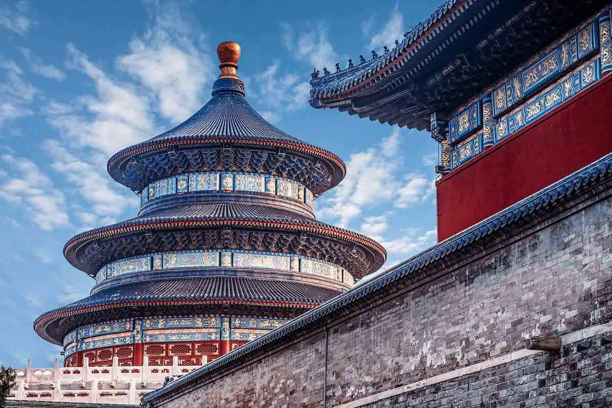 Close up of rooftops of the Beautiful red and blue coloured Hall of Prayer for Good Harvests in Beijing