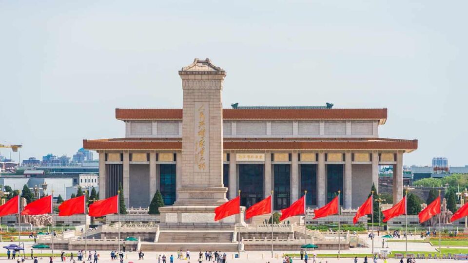 Looking across Tiananmen Square to the Mausoleum of Chairman Mao