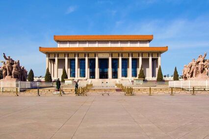 Monument in front of Mao's Mausoleum on Tiananmen Square, China . Mao's body was embalmed and the construction of a mausoleum began shortly after his death.