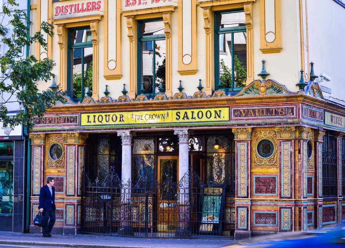 Street view of the colourful Crown Bar decorated in full colour