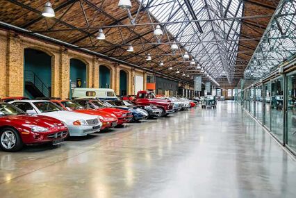 Row of classic cars in the Classic Remise Museum in Berlin
