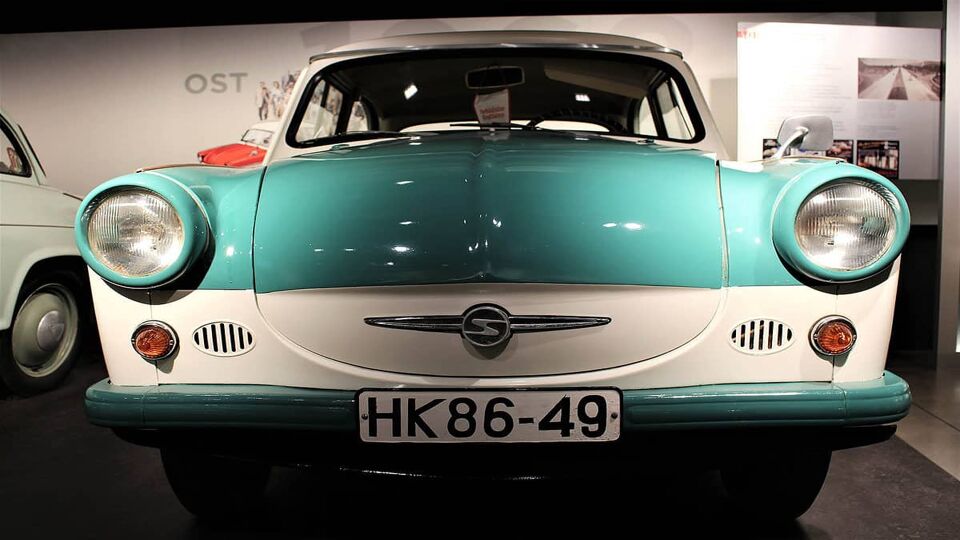 Close up front view of old East German car in the DDR museum