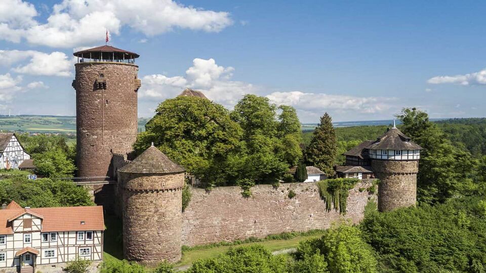Aerial view of castle Trendelburg in Germany where Rapunzel was imprisoned