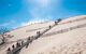 People follow a fenced off path up the dune