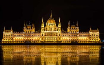 Exterior of Hungarian Parliament lit up at night