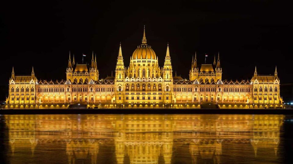 Exterior of Hungarian Parliament lit up at night