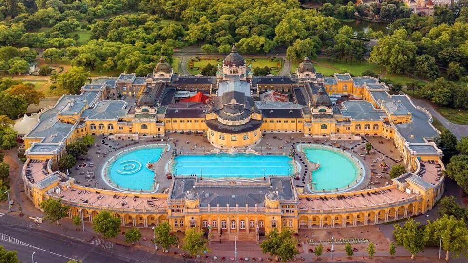 Aerial view down on the Szechenyi Baths complex