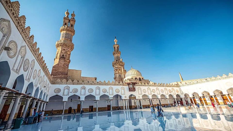 an ancient and incredibly beautiful mosque Al-Azhar Mosque in the center of Cairo against a blue sky on a sunny day