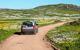 A car driving on a pathway through a meadow