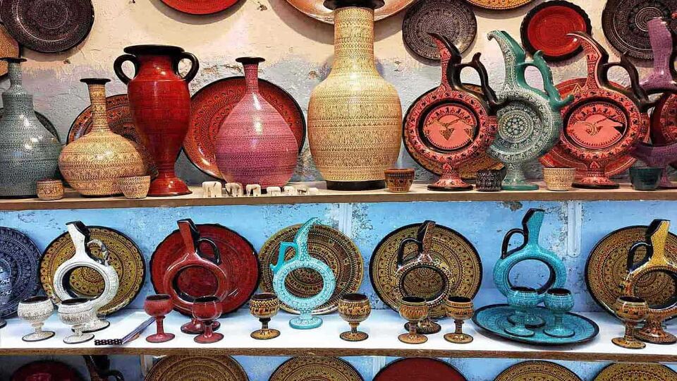 shelf full of ceramics in ceramic pottery in Avanos, cappadocia