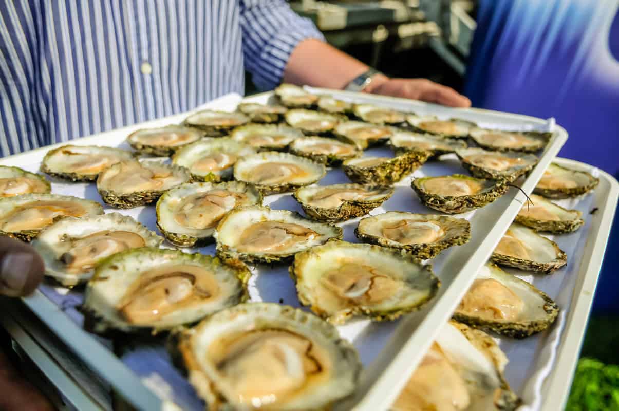 A man carries a tray of oysters at the Oyster Festival.