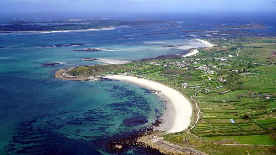 An aerial view of the island of St Martins, Isles of Scilly, UK