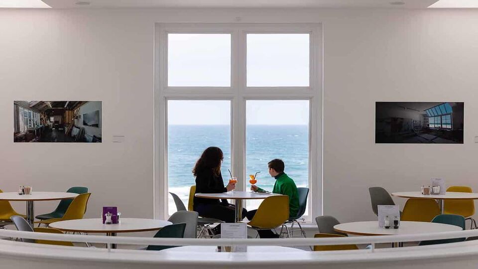 two people having coffee in the cafe in Tate St Ives