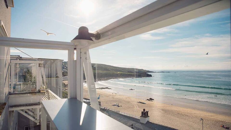 view from Tate St Ives cafe over beach