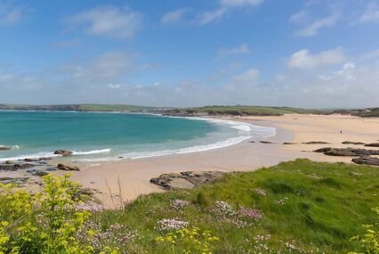 Harlyn Bay North Cornwall England UK near Padstow and Newquay and on the South West Coast Path in spring with blue sky and sea one of the most beautiful Cornish bays and beaches