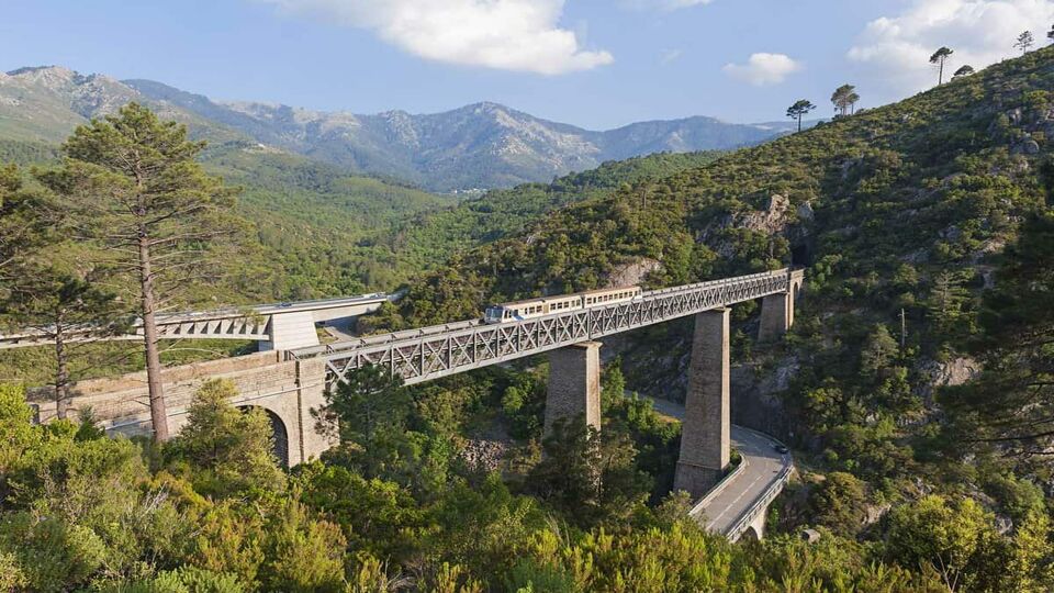 Train driving on large bridge in Vivario Corsica