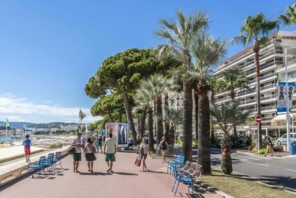 Coastal promenade at Cannes, with port on one side and luxury shops on other