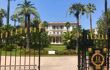 Gated entrance to opulent villa hidden behind palm trees