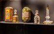 Old perfume glass bottles and containers in museum