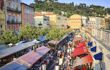 View looking down from above to the busy market of Cours Saleya in the centre of Nice City