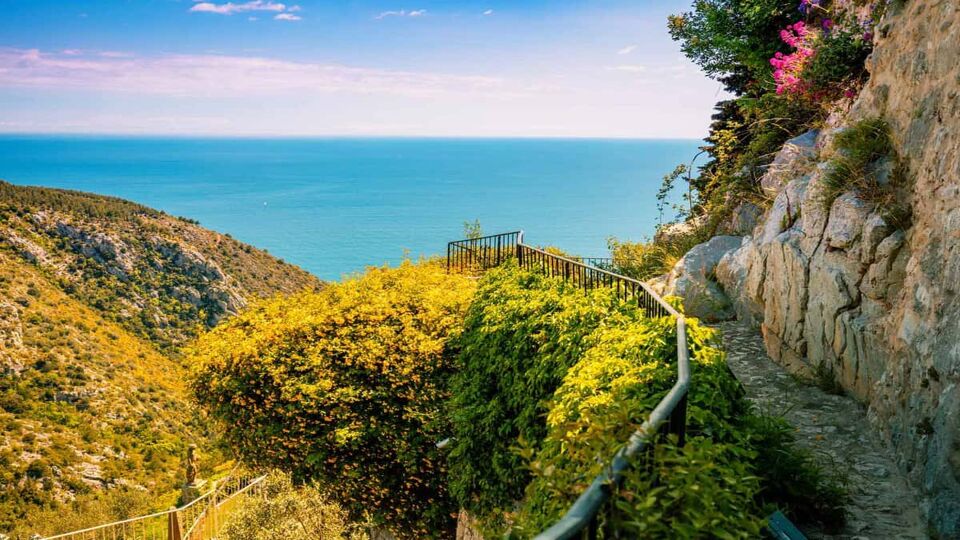 Footpath set high into cliffs looking out to sea