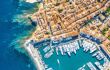 Aerial view of marina and town