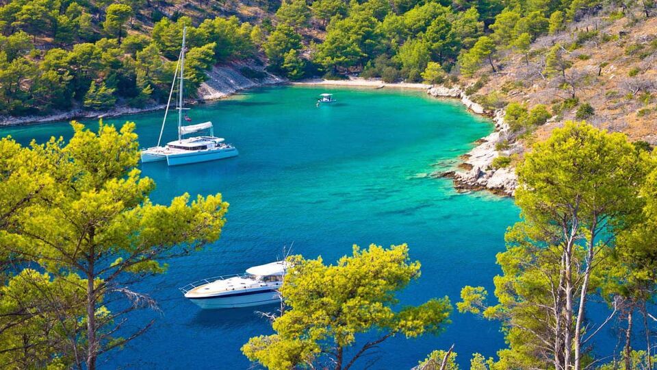 Secret turquoise beach yachting and sailing, Island of Brac, Dalmatia, Croatia