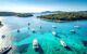 Aerial view of Paklinski Islands in Hvar, Croatia. Turquise water bays with luxury yachts and sailing boats.