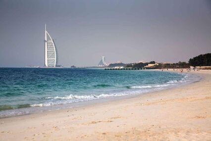 Burj Al Arab, One of the most famous landmarks of United Arab Emirates seen from Black Palace public beach.